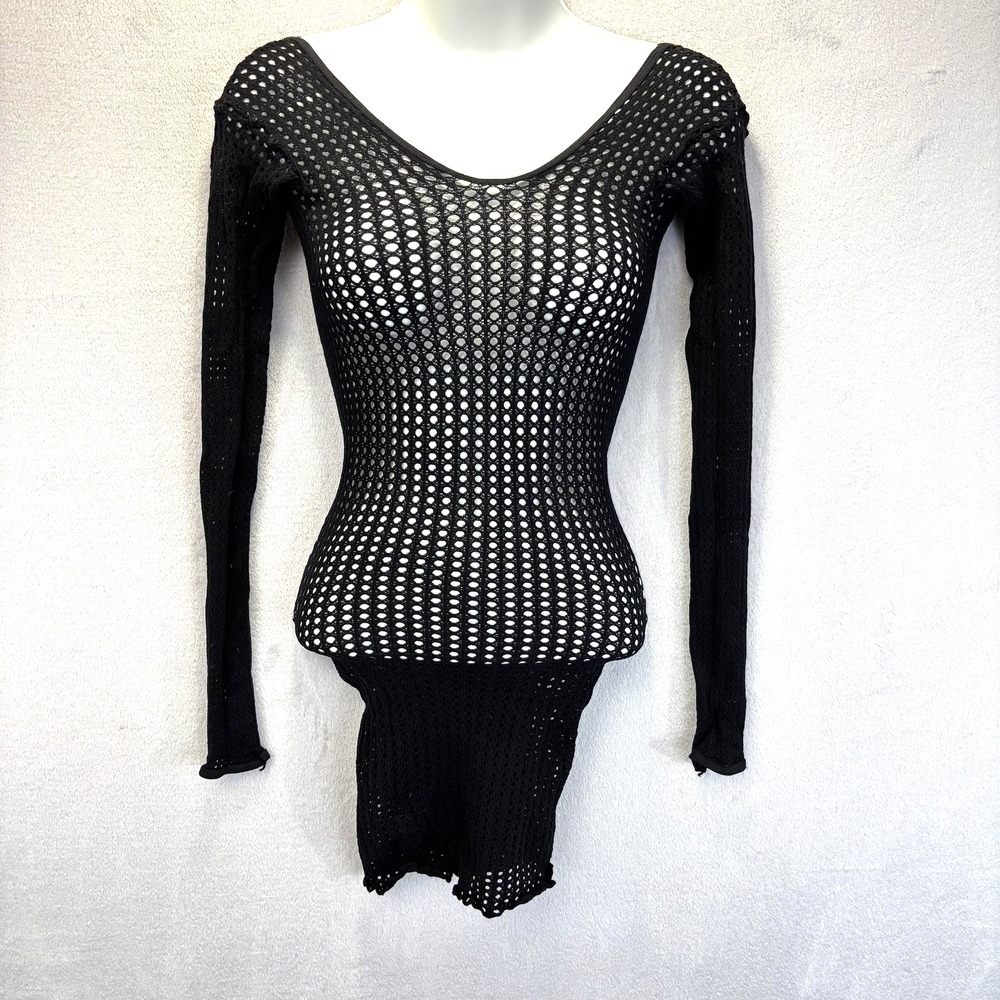 Black Fishnet Mesh Mini Dress Womens Small S‎ Long Sleeve Goth Punk Festival